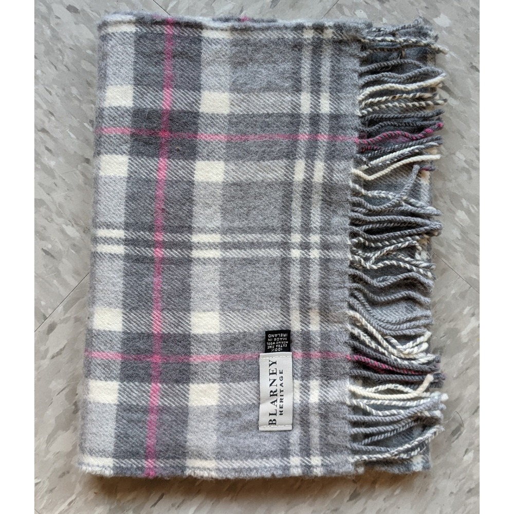 Blarney Heritage 100% Merino Wool Scarf Grey Pink Plaid Made in Ireland